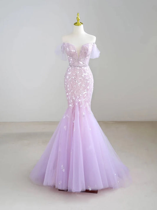 Robe de bal longue violette en tulle à paillettes et col en V, style sirène, ED01744