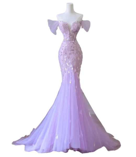 Mermaid Off-Shoulder Tulle Sequin Long Prom Dress Purple Formal Dress ED01744