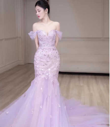 Mermaid Off-Shoulder Tulle Sequin Long Prom Dress Purple Formal Dress ED01744
