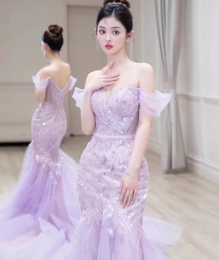 Mermaid Off-Shoulder Tulle Sequin Long Prom Dress Purple Formal Dress ED01744