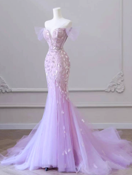 Mermaid Off-Shoulder Tulle Sequin Long Prom Dress Purple Formal Dress ED01744
