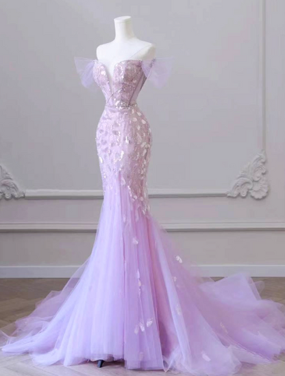 Mermaid Off-Shoulder Tulle Sequin Long Prom Dress Purple Formal Dress ED01744
