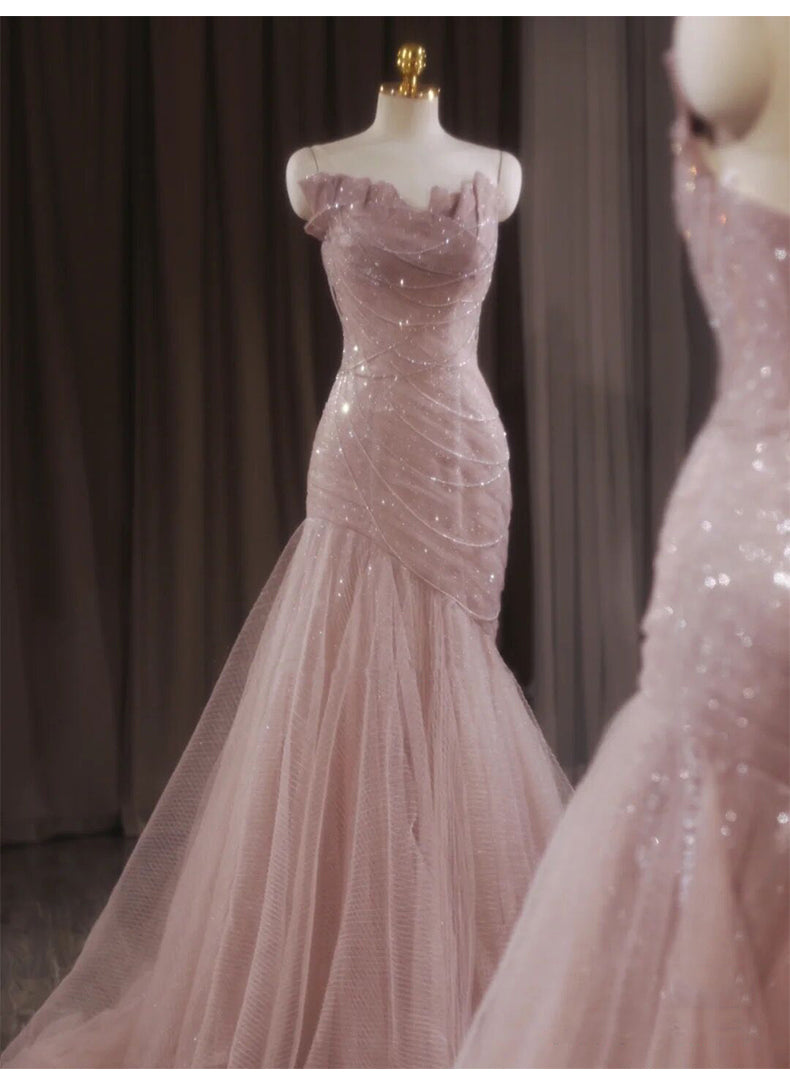 Robe de bal sirène rose bustier en tulle pailleté, longue, robe de mariée élégante ED01745