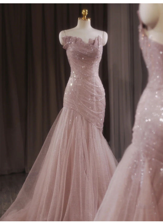 Robe de bal sirène rose bustier en tulle pailleté, longue, robe de mariée élégante ED01745