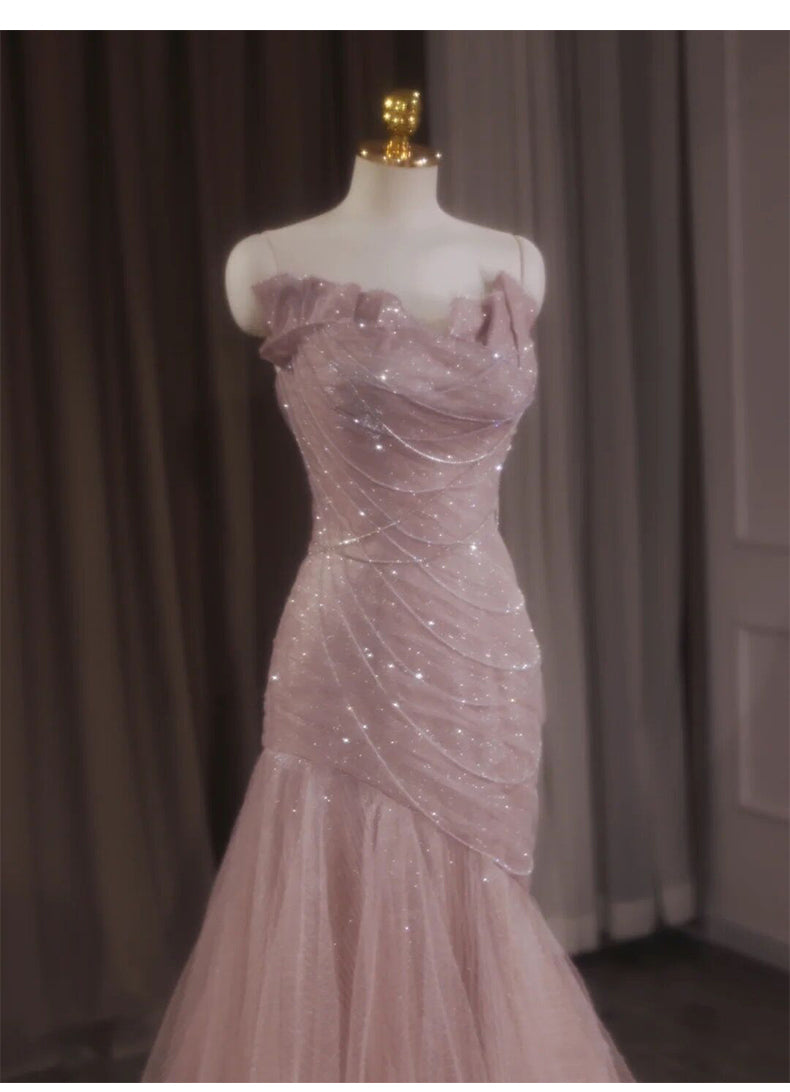Robe de bal sirène rose bustier en tulle pailleté, longue, robe de mariée élégante ED01745