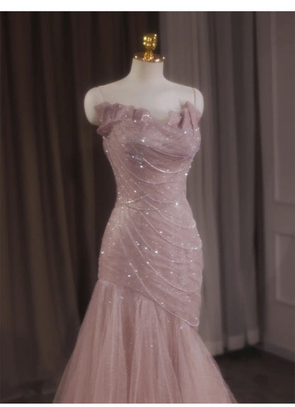 Robe de bal sirène rose bustier en tulle pailleté, longue, robe de mariée élégante ED01745
