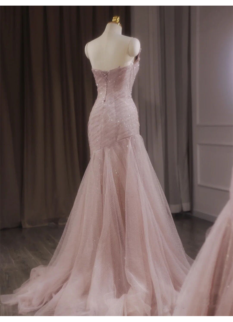 Robe de bal sirène rose bustier en tulle pailleté, longue, robe de mariée élégante ED01745