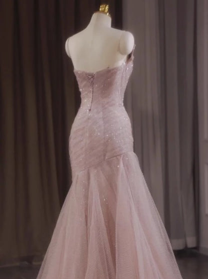 Robe de bal sirène rose bustier en tulle pailleté, longue, robe de mariée élégante ED01745
