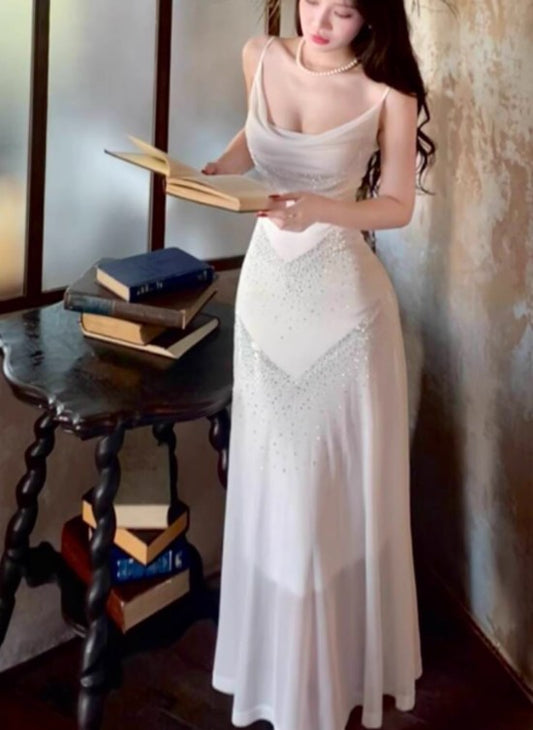 Robe moulante blanche douce à bretelles spaghetti, robe de bal, robe de cérémonie pour adultes, ED01752