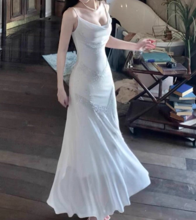 Robe moulante blanche douce à bretelles spaghetti, robe de bal, robe de cérémonie pour adultes, ED01752