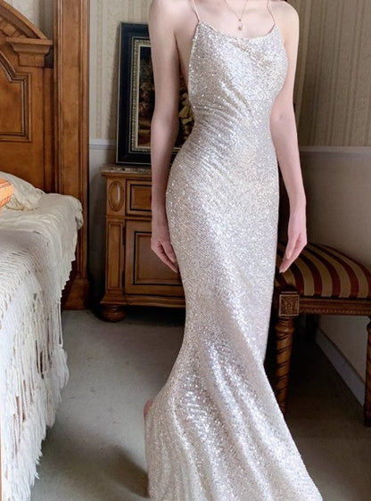 Silver Mermaid Spaghetti Strap Sequin Prom Dress Shimmer Evening Gown ED01753