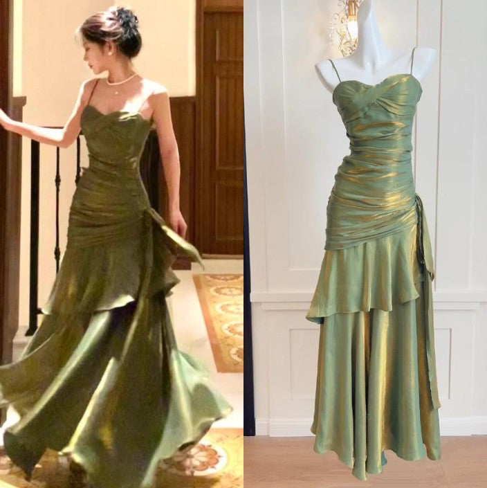 Vintage Spaghetti Straps Blue Chiffon Satin  Ruffles Long Prom Dresses Fairytale Evening Dresse