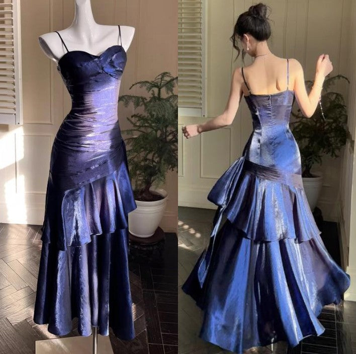 Vintage Spaghetti Straps Blue Chiffon Satin  Ruffles Long Prom Dresses Fairytale Evening Dresse