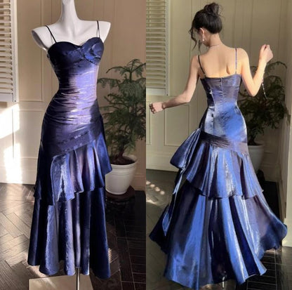 Vintage Spaghetti Straps Blue Chiffon Satin  Ruffles Long Prom Dresses Fairytale Evening Dresse