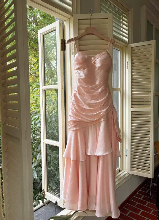 Vintage Spaghetti Straps Blue Chiffon Satin  Ruffles Long Prom Dresses Fairytale Evening Dresse