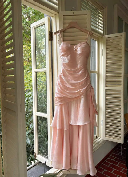 Vintage Spaghetti Straps Blue Chiffon Satin  Ruffles Long Prom Dresses Fairytale Evening Dresse