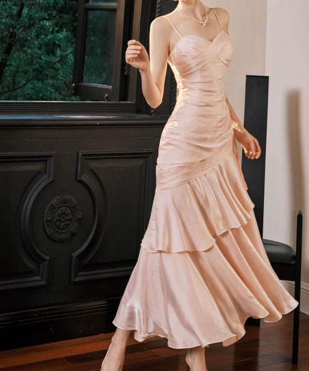 Vintage Spaghetti Straps Blue Chiffon Satin  Ruffles Long Prom Dresses Fairytale Evening Dresse