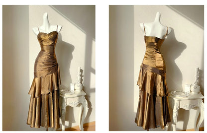 Vintage Spaghetti Straps Blue Chiffon Satin  Ruffles Long Prom Dresses Fairytale Evening Dresse