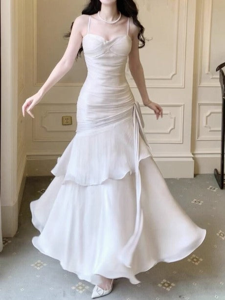 Vintage Spaghetti Straps Blue Chiffon Satin  Ruffles Long Prom Dresses Fairytale Evening Dresse
