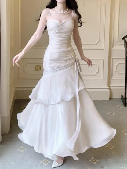 Vintage Spaghetti Straps Blue Chiffon Satin  Ruffles Long Prom Dresses Fairytale Evening Dresse