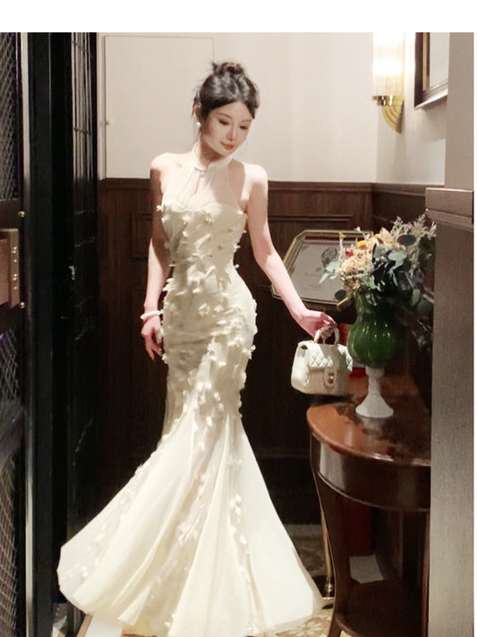 Robe de bal sirène abricot clair à col roulé en tulle et fleurs 3D ED01755