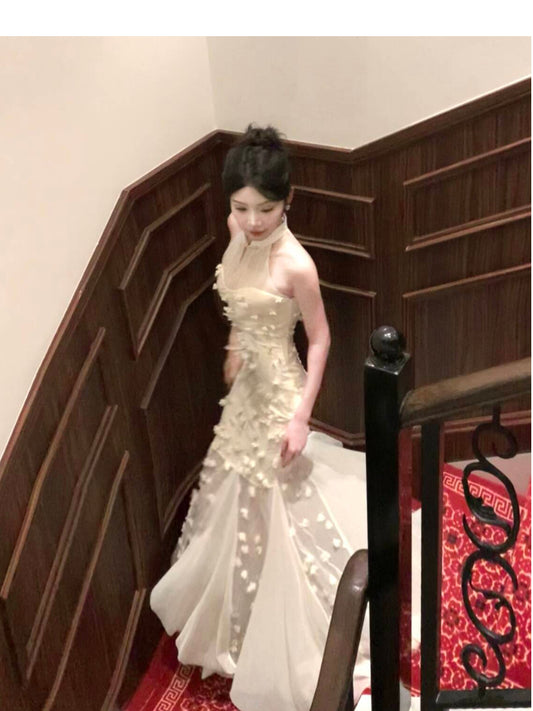 Robe de bal sirène abricot clair à col roulé en tulle et fleurs 3D ED01755