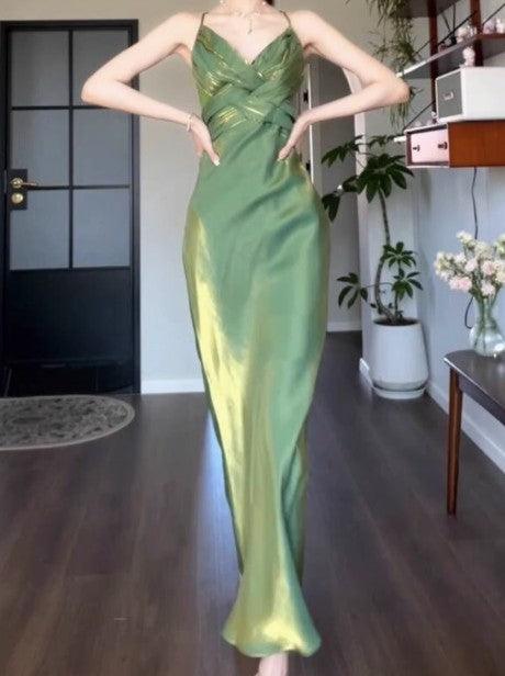 Robe de bal sirène verte rétro à bretelles spaghetti, dos nu, pour anniversaire, remise de diplôme, ED01758