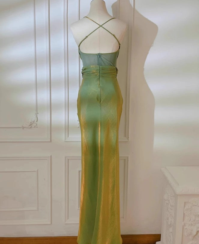 Robe de bal sirène verte rétro à bretelles spaghetti, dos nu, pour anniversaire, remise de diplôme, ED01758