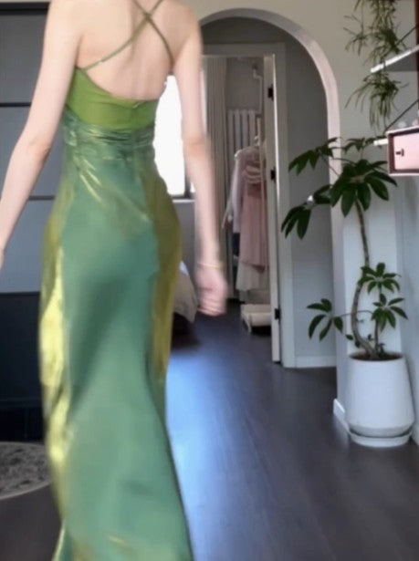 Robe de bal sirène verte rétro à bretelles spaghetti, dos nu, pour anniversaire, remise de diplôme, ED01758