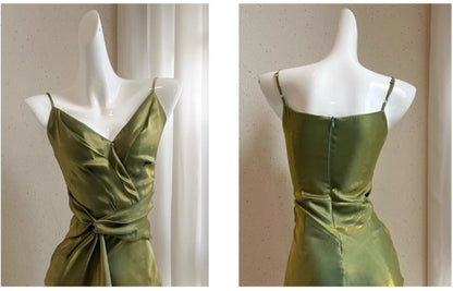Robe moulante verte à bretelles spaghetti, col en V, mousseline de soie, satin, sans manches, robe de bal ED01760