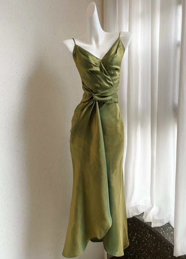 Robe moulante verte à bretelles spaghetti, col en V, mousseline de soie, satin, sans manches, robe de bal ED01760