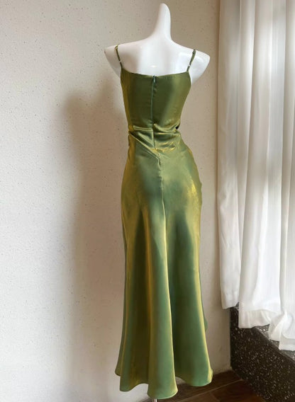 Robe moulante verte à bretelles spaghetti, col en V, mousseline de soie, satin, sans manches, robe de bal ED01760