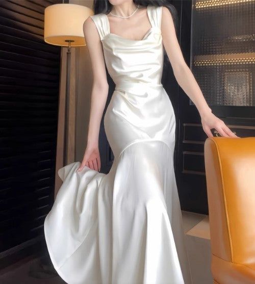 Elegantes weißes Meerjungfrau-Abendkleid mit quadratischem Ausschnitt aus Satin, Geburtstagskleid ED01759