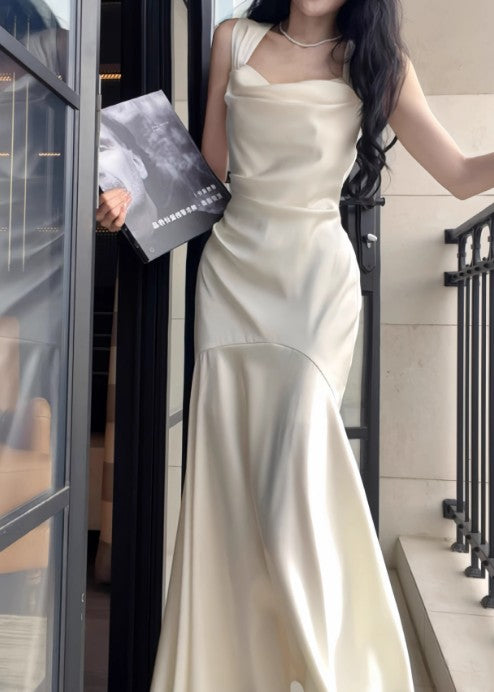 Elegantes weißes Meerjungfrau-Abendkleid mit quadratischem Ausschnitt aus Satin, Geburtstagskleid ED01759
