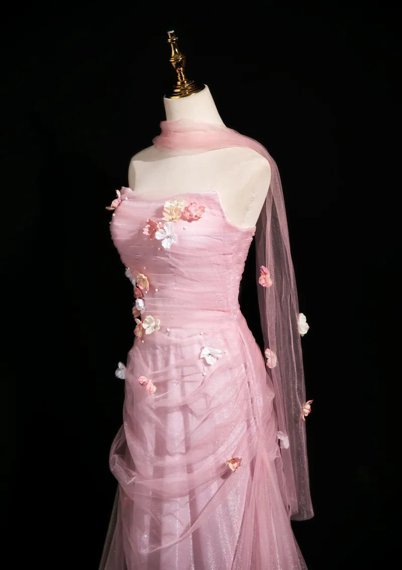 Pink Mermaid Strapless Tulle 3D Applique Long Prom Dress Sweet Wedding Dress ED01761