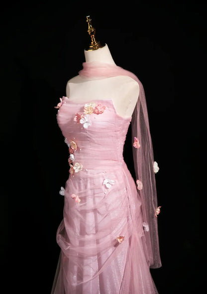 Pink Mermaid Strapless Tulle 3D Applique Long Prom Dress Sweet Wedding Dress ED01761