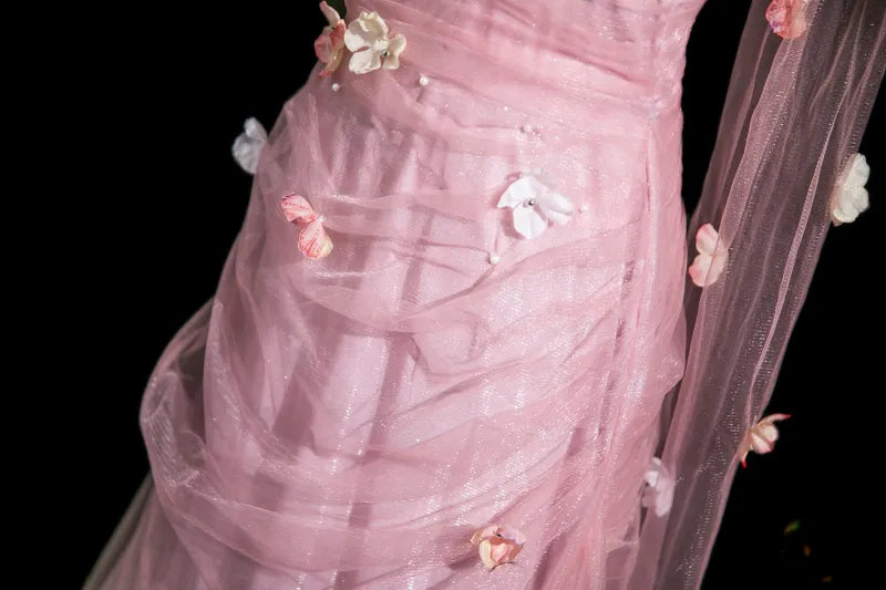 Pink Mermaid Strapless Tulle 3D Applique Long Prom Dress Sweet Wedding Dress ED01761