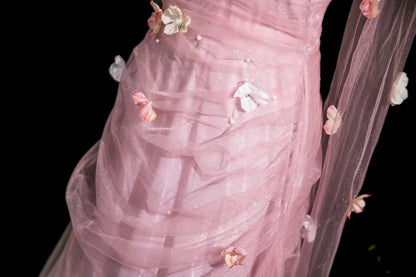 Pink Mermaid Strapless Tulle 3D Applique Long Prom Dress Sweet Wedding Dress ED01761