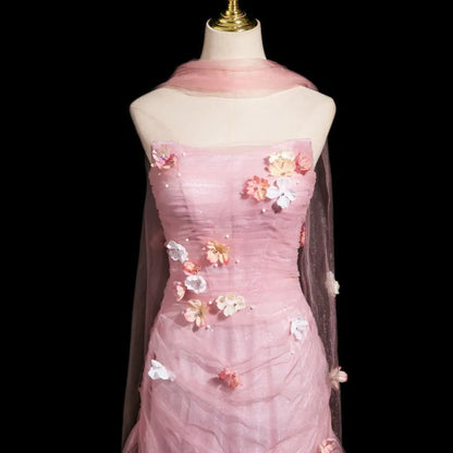 Pink Mermaid Strapless Tulle 3D Applique Long Prom Dress Sweet Wedding Dress ED01761