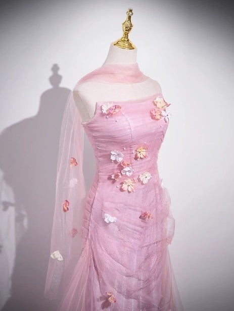 Rosa Meerjungfrau trägerloses Tüll 3D Applikation langes Ballkleid süßes Hochzeitskleid ED01761
