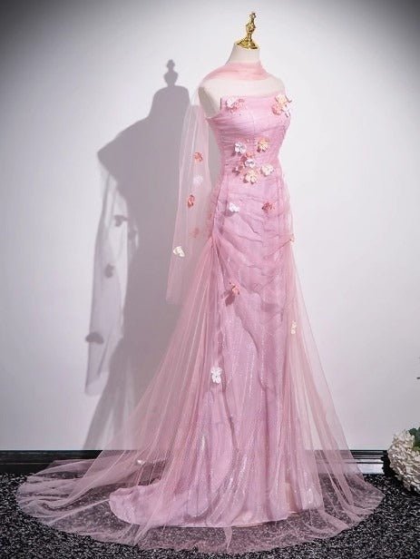 Rosa Meerjungfrau trägerloses Tüll 3D Applikation langes Ballkleid süßes Hochzeitskleid ED01761