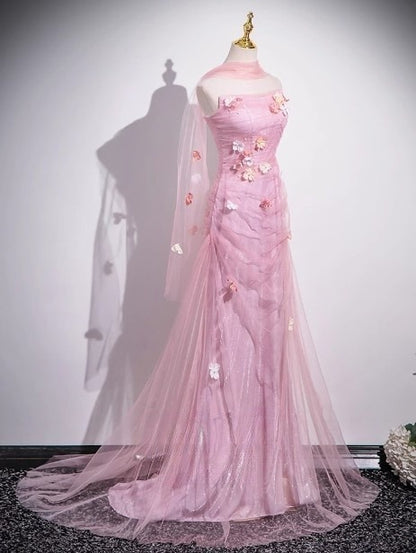 Rosa Meerjungfrau trägerloses Tüll 3D Applikation langes Ballkleid süßes Hochzeitskleid ED01761