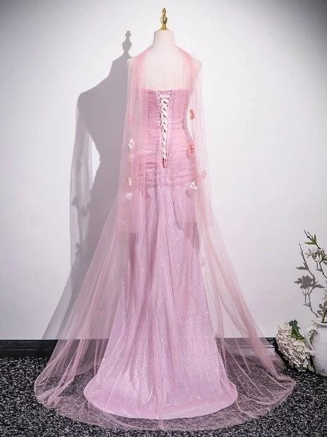 Rosa Meerjungfrau trägerloses Tüll 3D Applikation langes Ballkleid süßes Hochzeitskleid ED01761