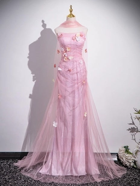Rosa Meerjungfrau trägerloses Tüll 3D Applikation langes Ballkleid süßes Hochzeitskleid ED01761