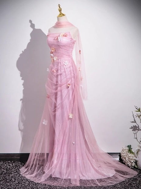 Rosa Meerjungfrau trägerloses Tüll 3D Applikation langes Ballkleid süßes Hochzeitskleid ED01761
