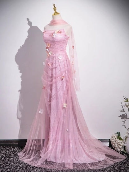 Rosa Meerjungfrau trägerloses Tüll 3D Applikation langes Ballkleid süßes Hochzeitskleid ED01761