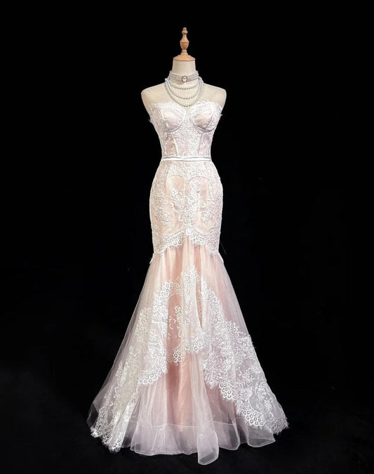 Robe de bal longue rose clair, style sirène, sans bretelles, en tulle et dentelle, décolleté en cœur, robe de soirée ED01762