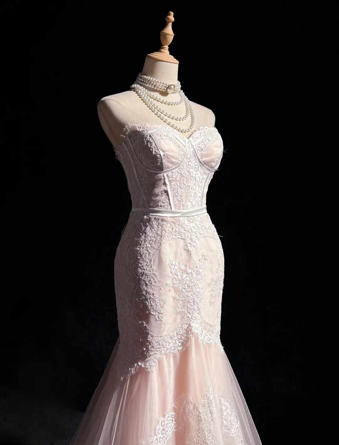 Robe de bal longue rose clair, style sirène, sans bretelles, en tulle et dentelle, décolleté en cœur, robe de soirée ED01762