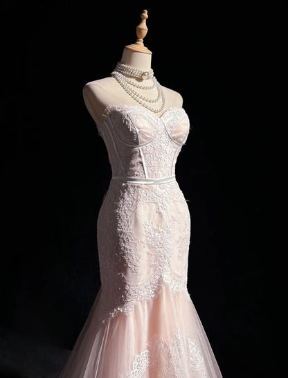Robe de bal longue rose clair, style sirène, sans bretelles, en tulle et dentelle, décolleté en cœur, robe de soirée ED01762
