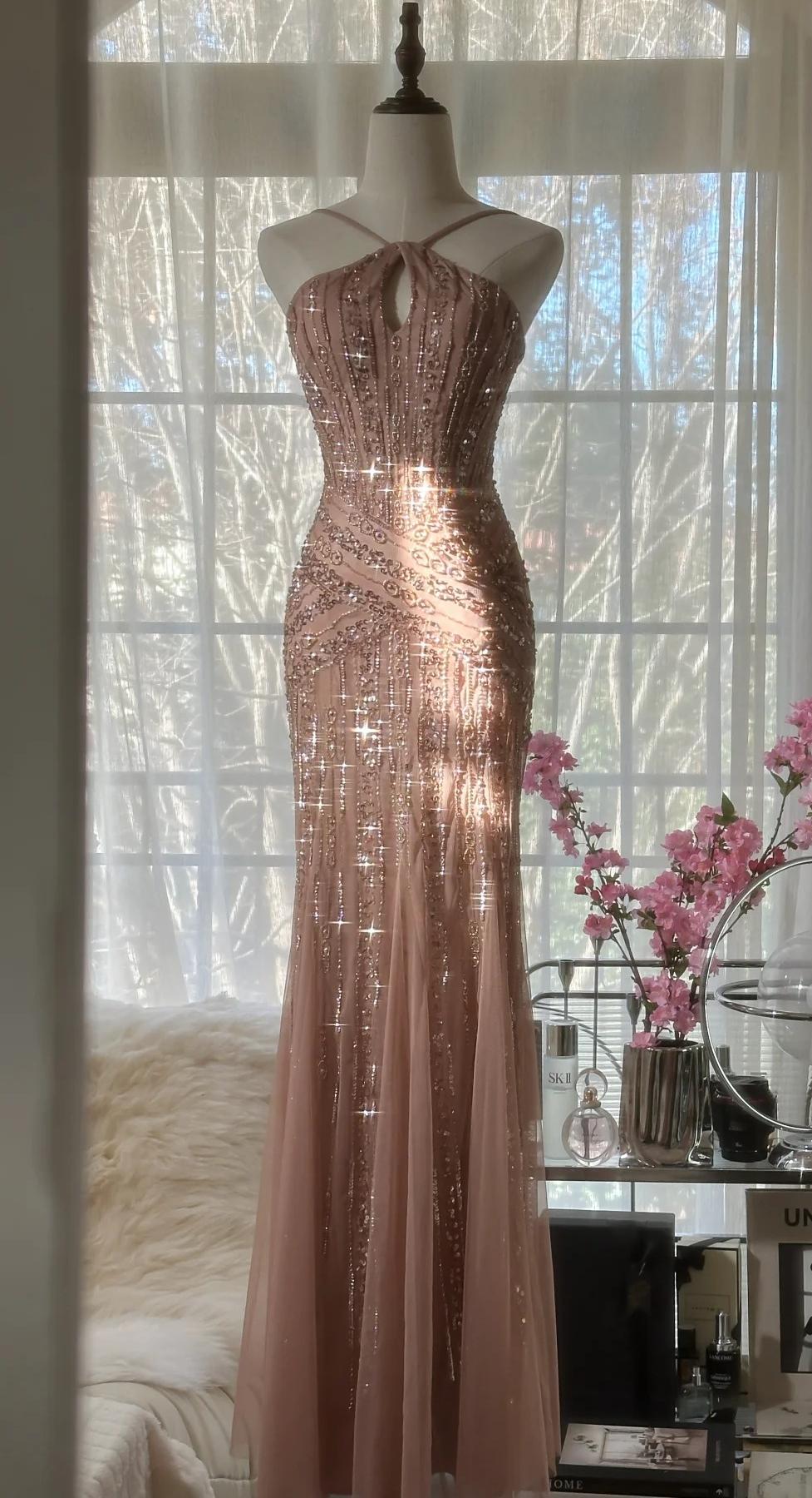Pink Sequin Beaded Mermaid Prom Dress with Ruffle and Spaghetti Straps main image 1